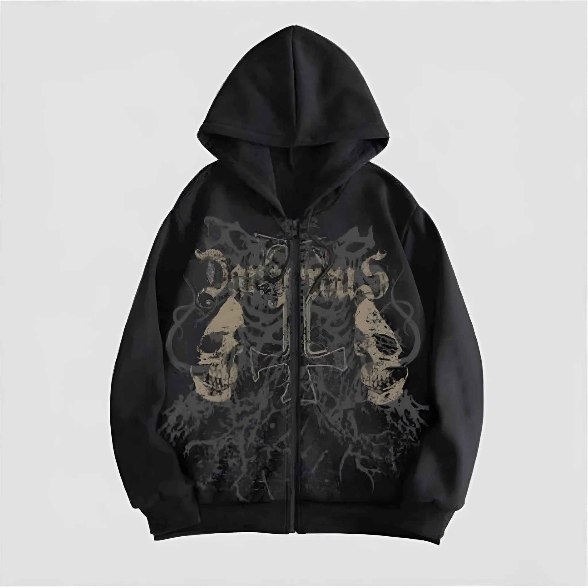 Men's black hooded sweatshirt with white skull hot stamping print, Harajuku style pullover