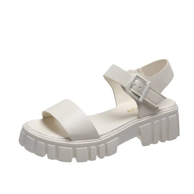 Women's beige peep toe platform sandals with an ankle-strap buckle on a white background