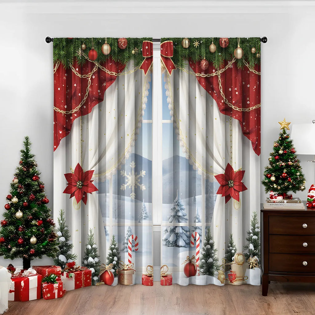 Pair of 3D digitally printed Christmas theme curtains in a red and green European style pattern.