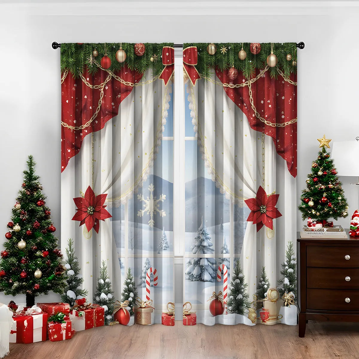 Pair of 3D digitally printed Christmas theme curtains in a red and green European style pattern.
