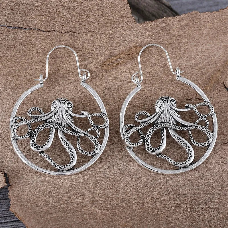 Vintage octopus earrings in antique silver finish with zinc alloy construction and animal zodiac design