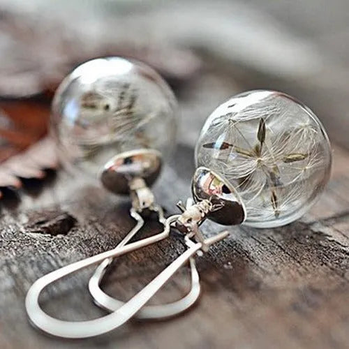 Transparent glass ball earrings with dandelion seed design in 16mm size with French hook backing
