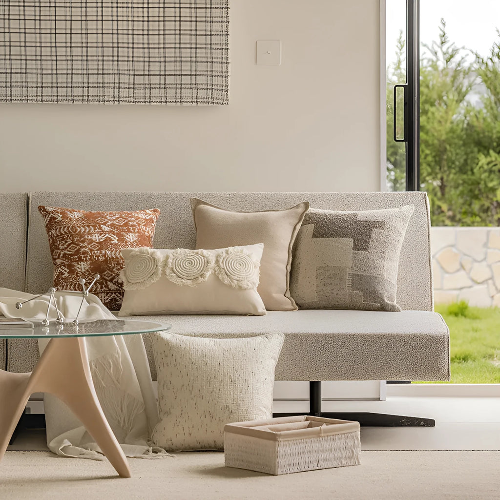 Square 45x45cm sofa cushion pillow in a solid colour and an abstract red-brown patterned option.