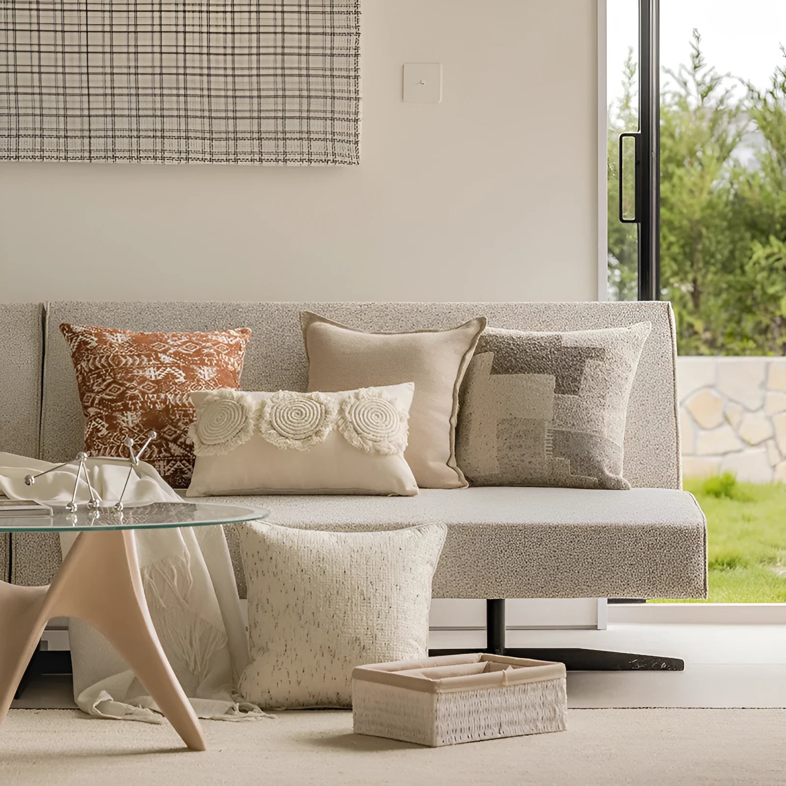 Square 45x45cm sofa cushion pillow in a solid colour and an abstract red-brown patterned option.