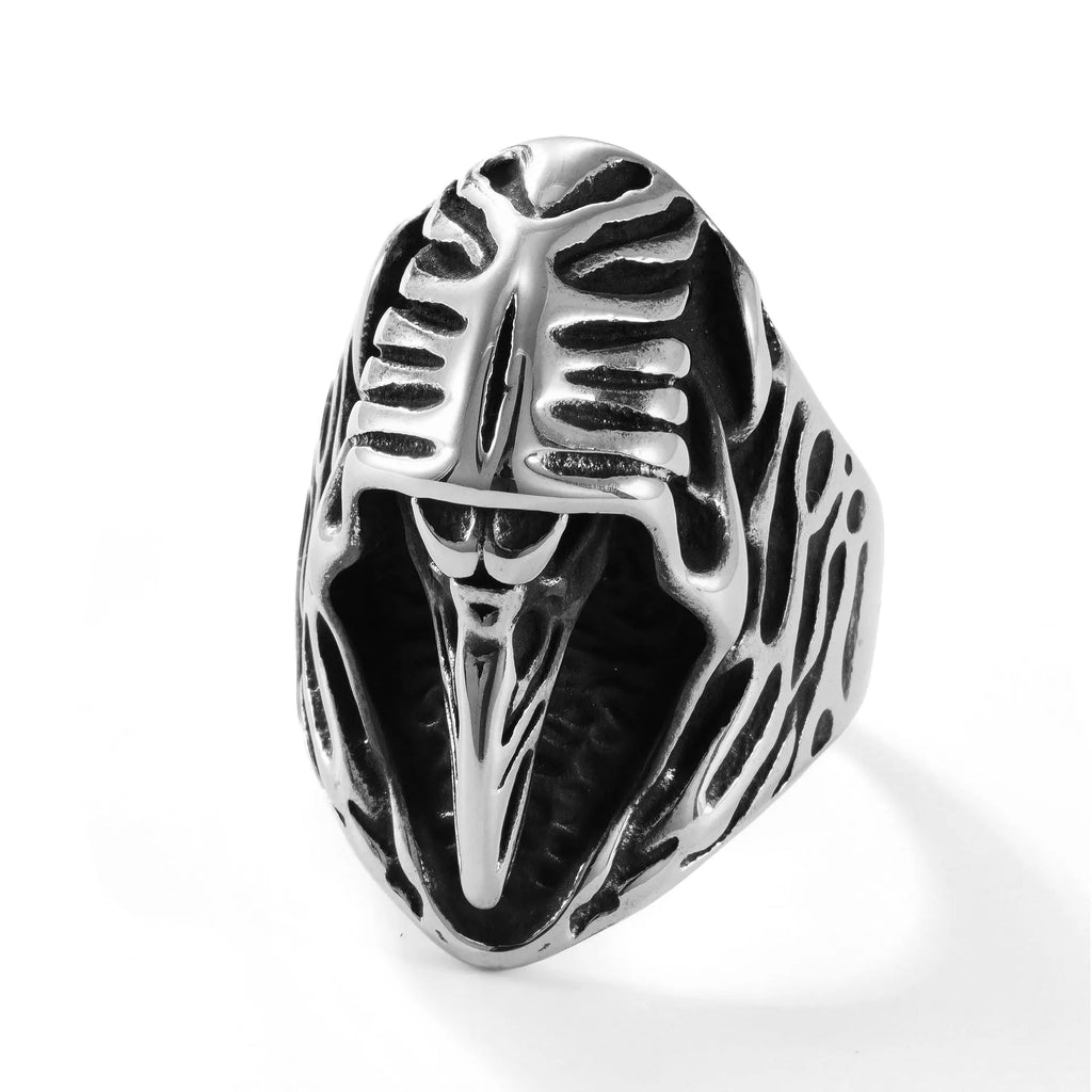 Stainless steel punk ring with detailed crow motif in geometric design, titanium steel construction