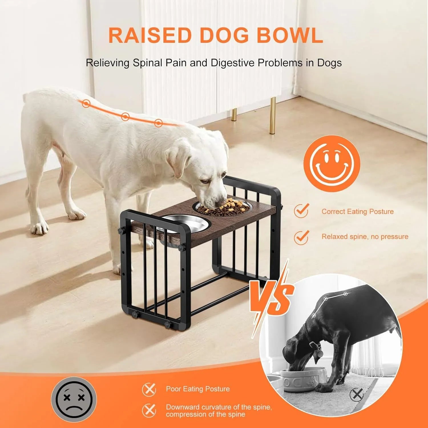 Black wooden dog bowl bracket stand with non-slip base, holding food and water bowls.