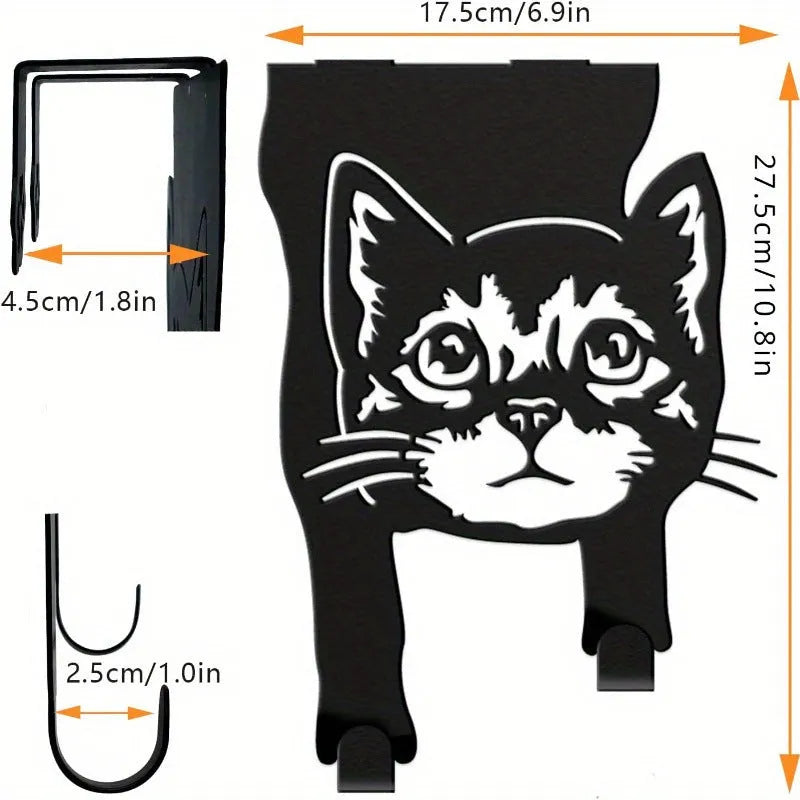 Black iron cat-shaped wall hook with punch-free mounting system