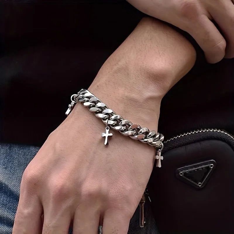 Men's titanium steel bracelet with a geometric shape and a central cross pendant.