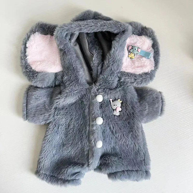Grey elephant costume jumpsuit for a 30cm plush teddy bear on a neutral background.