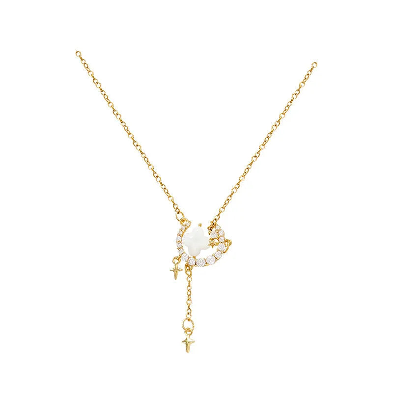 Women's star moon necklace with zirconium stones on adjustable copper chain in gold finish