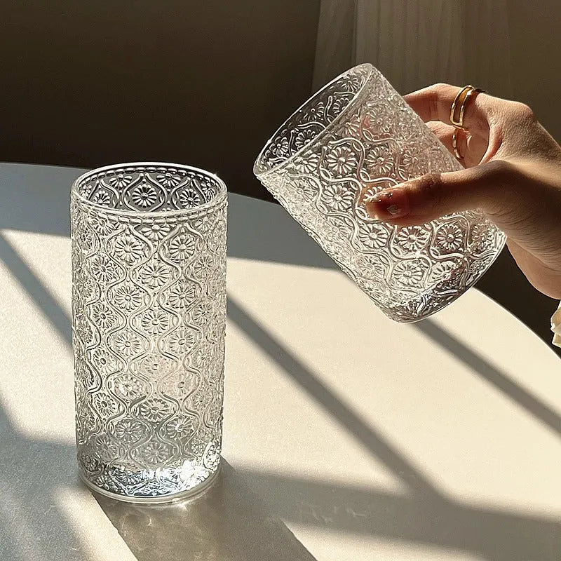 Carved begonia pattern glass water cup in solid colour showing 380ml high model and 250ml short version