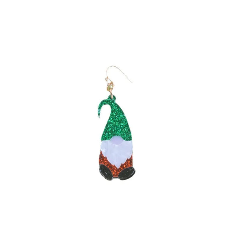 Cartoon-style Santa Claus character earrings made of red and green acrylic