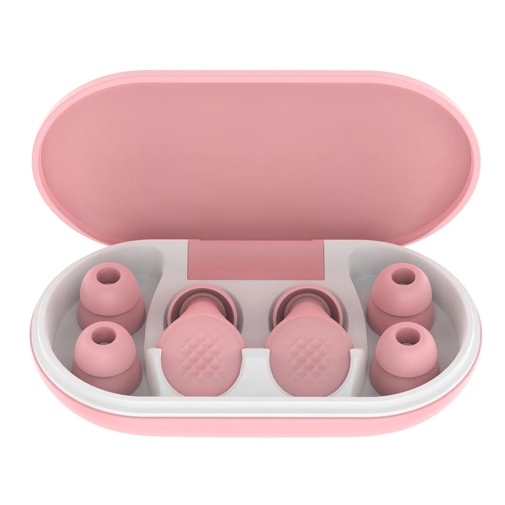 Anti-noise sleep earplugs in beige with flexible silicone construction and L-shaped curved plug