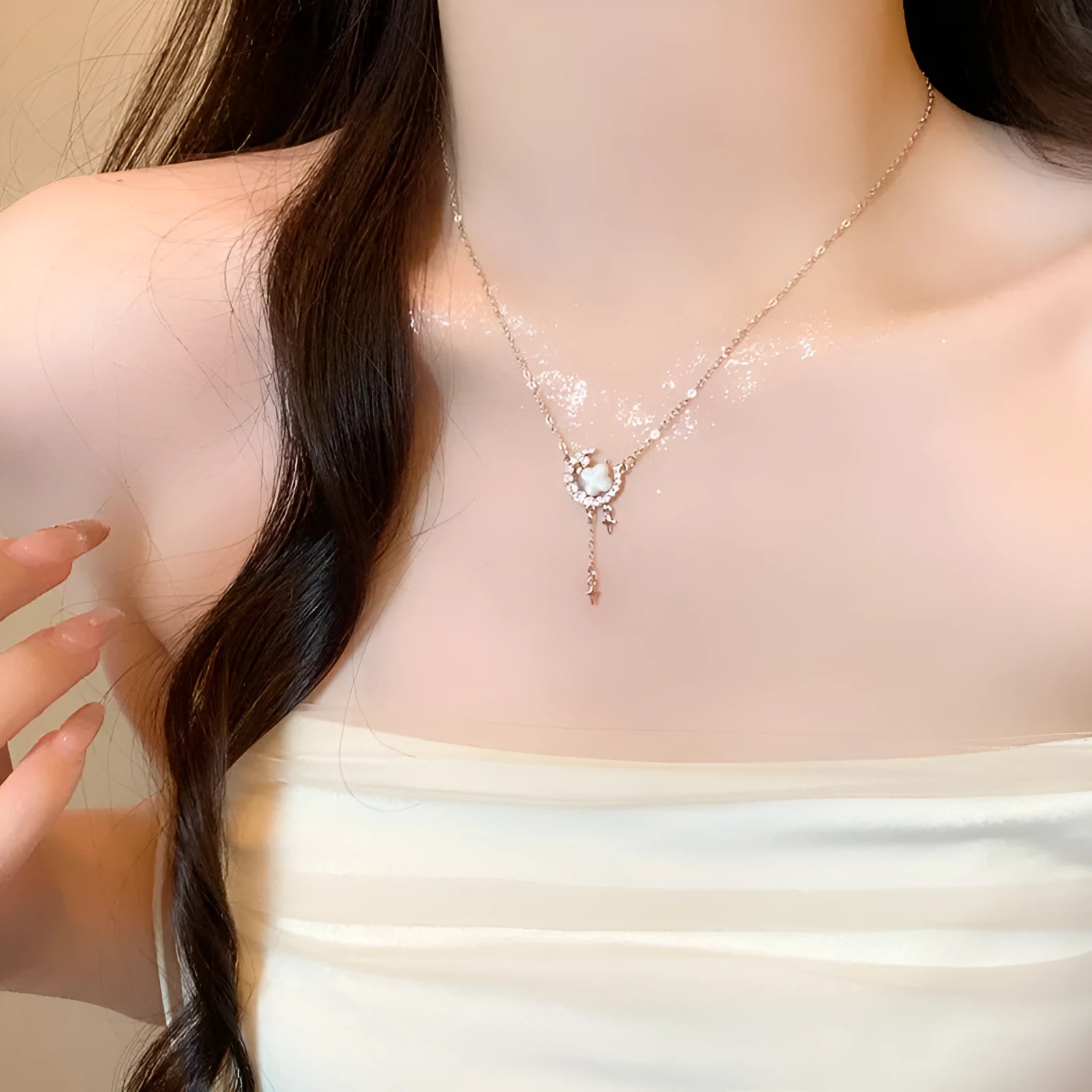 Women's star moon necklace with zirconium stones on adjustable copper chain in gold finish
