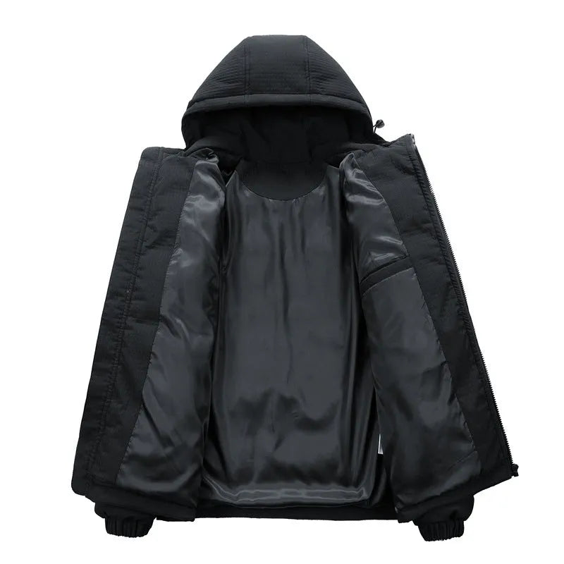 Men's black padded hooded coat with Korean-style letter-print and side pockets.