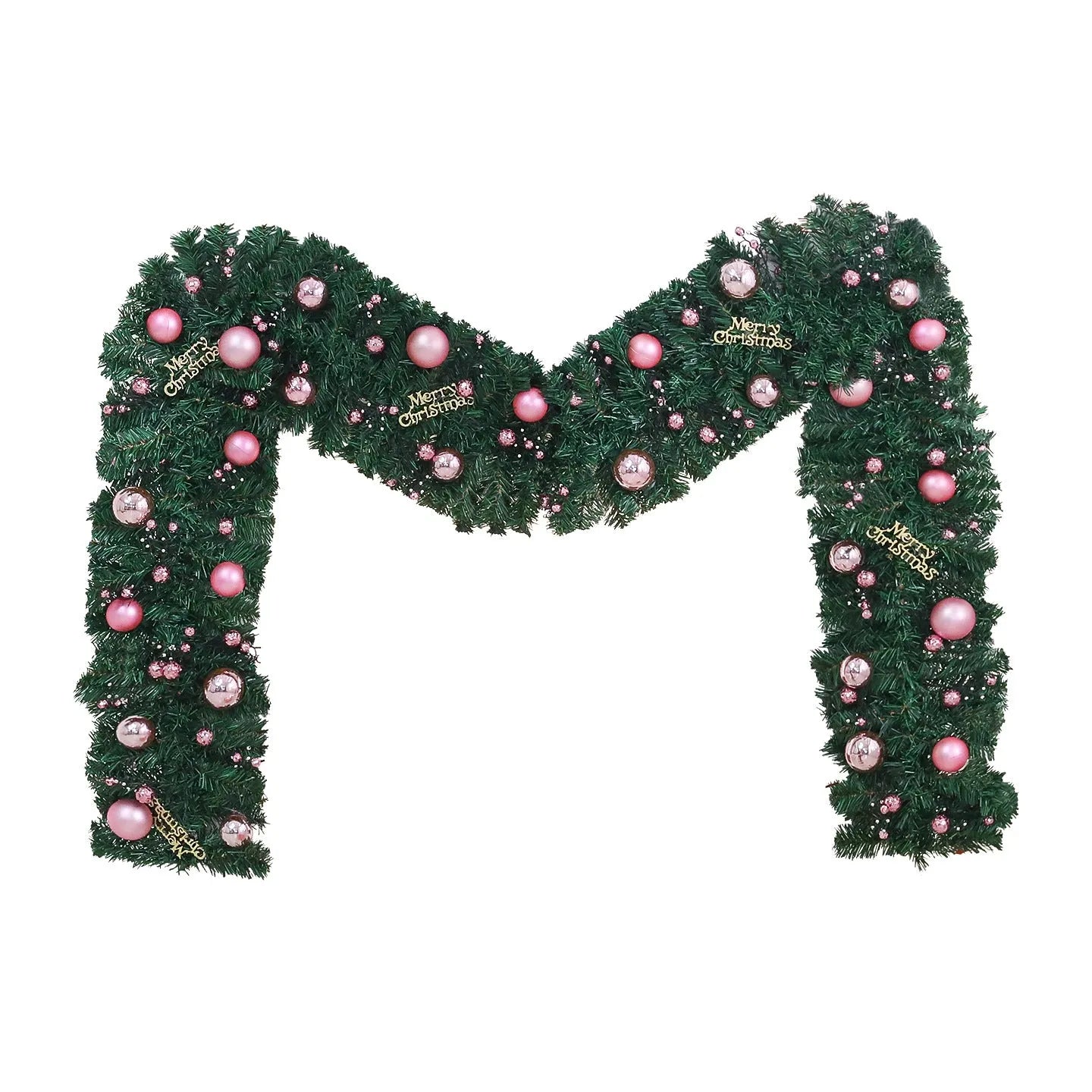 Long pink Christmas rattan garland with small decorative fruits and warm white LED lights draped on a mantelpiece.