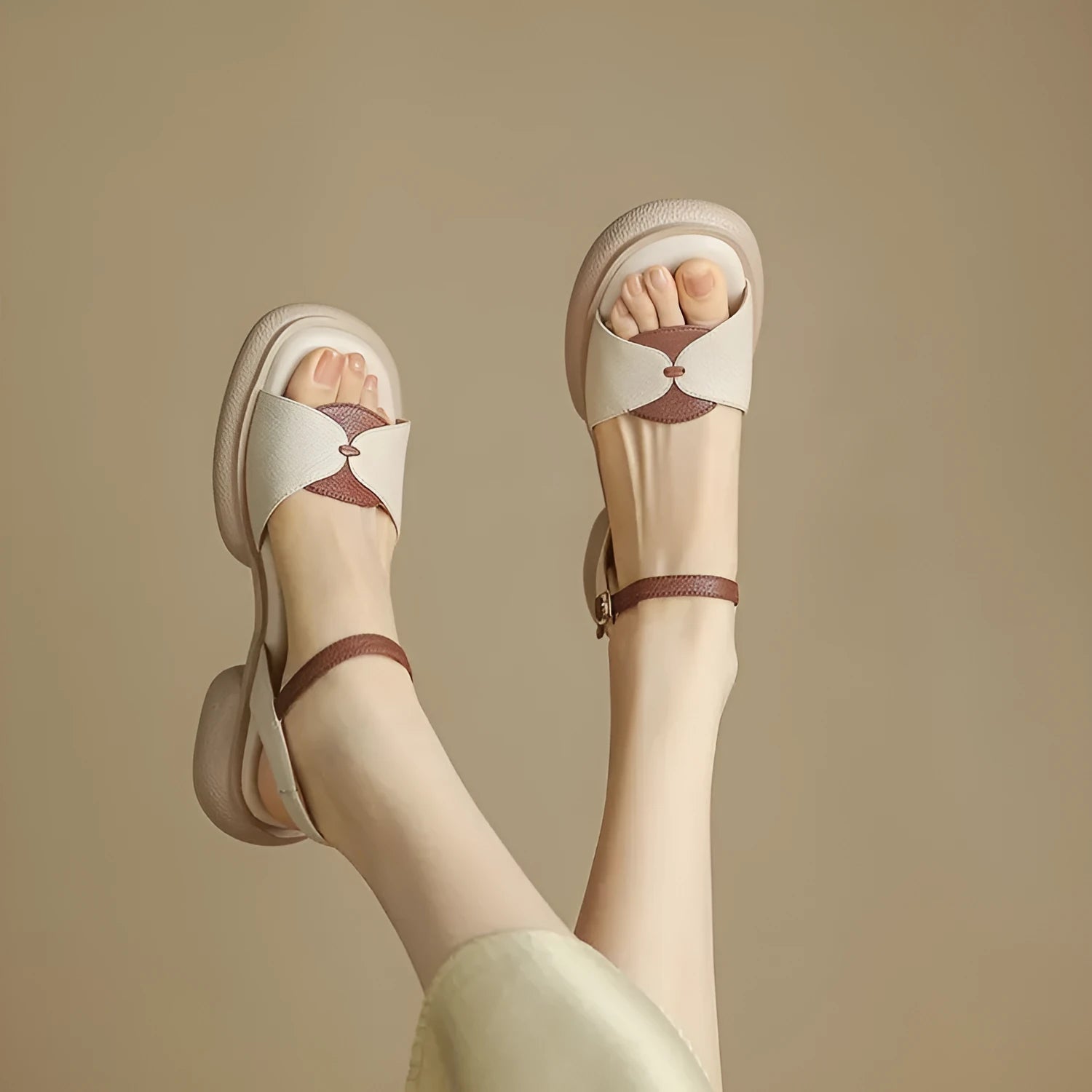 Women's chunky heel platform open toe sandals in khaki renewable leather