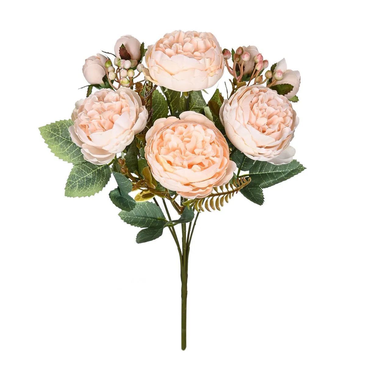 Artificial silk peony bouquet in a vase with champagne coloured blooms and green leaves