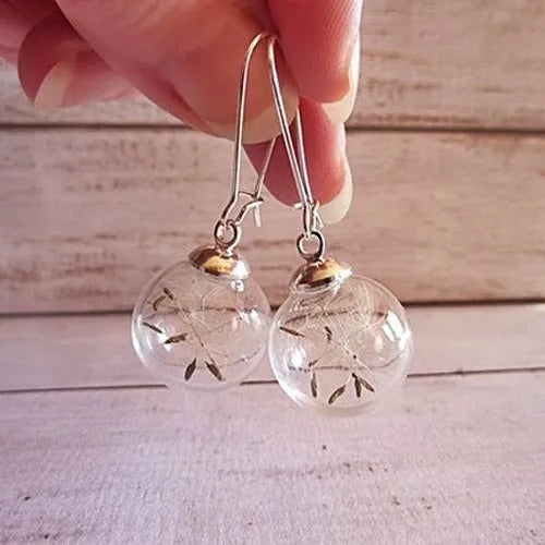 Transparent glass ball earrings with dandelion seed design in 16mm size with French hook backing