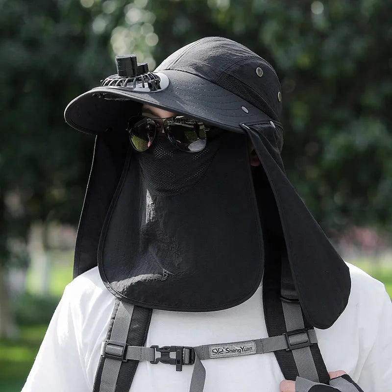 Men's khaki sun protection hat with USB fan and attached face covering shawl for neck protection.