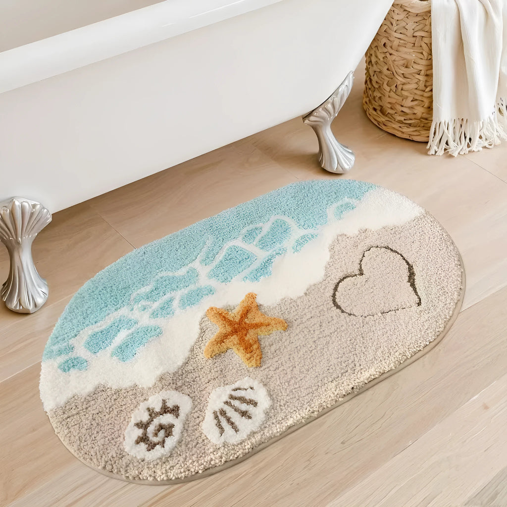 Sky and Sea rainbow print floor mat with anti-slip plastic backing on a wooden floor.
