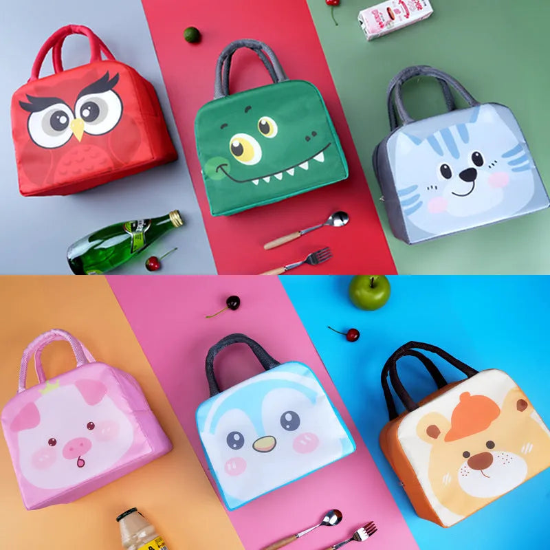 Cartoon funny children's insulated lunch box bag in Oxford cloth with animal design.
