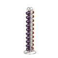 Black and silver wrought iron coffee capsule storage rack holding pods on shelves.