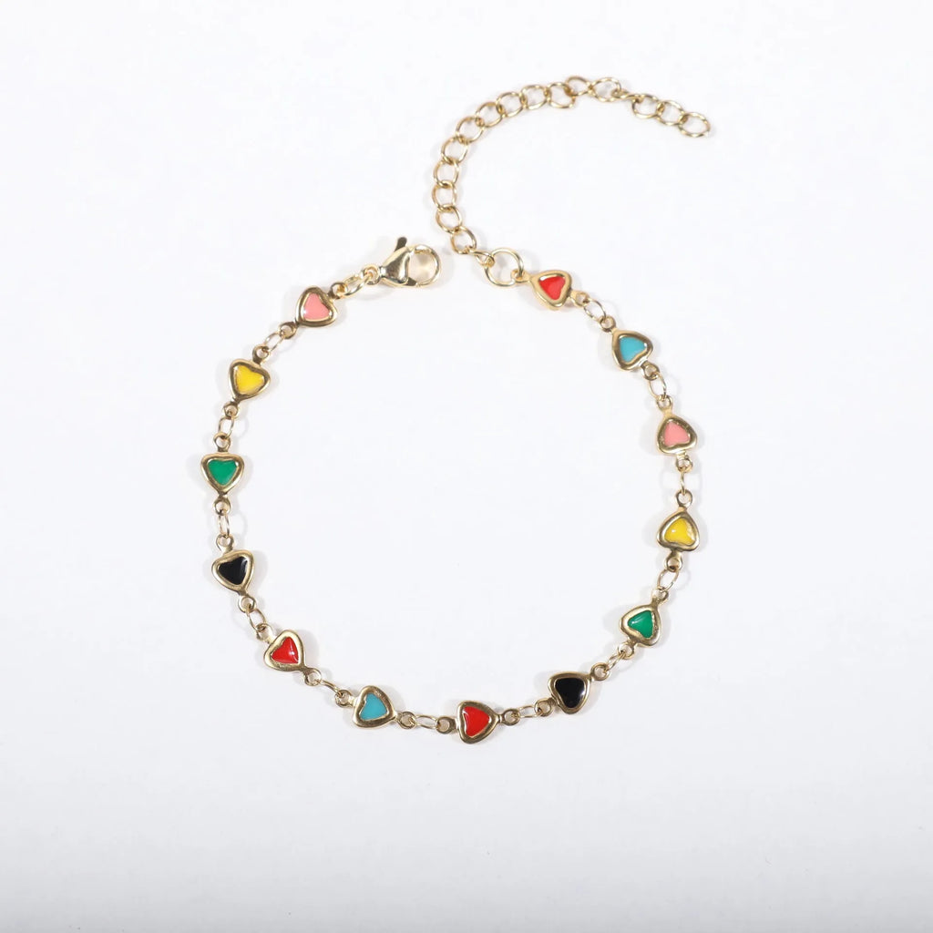 Stainless steel adjustable bracelet with a heart-shaped charm, shown in one of six colour finishes including black, blue, or red.
