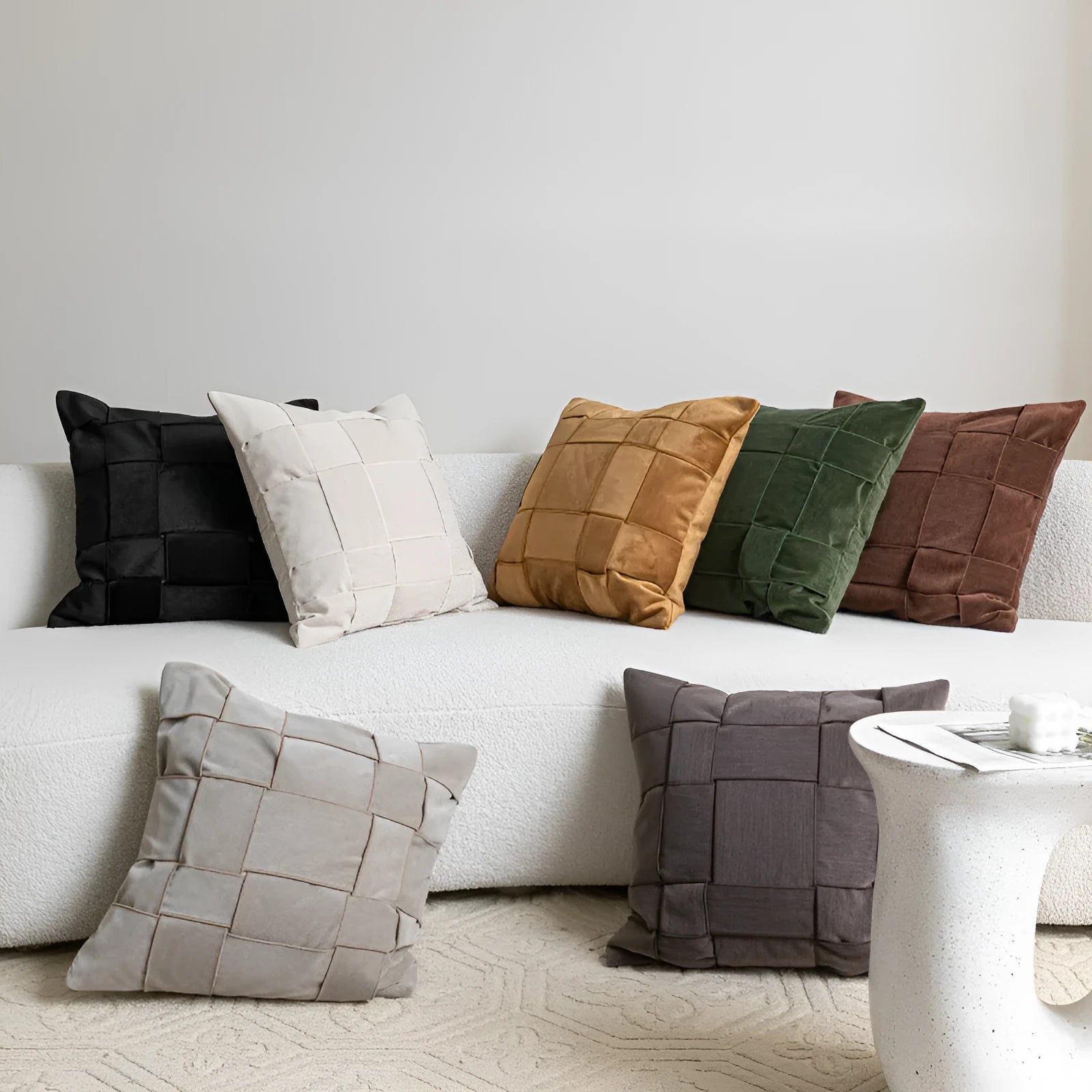 Square chenille woven sofa cushion in beige, 50x50cm with textured surface