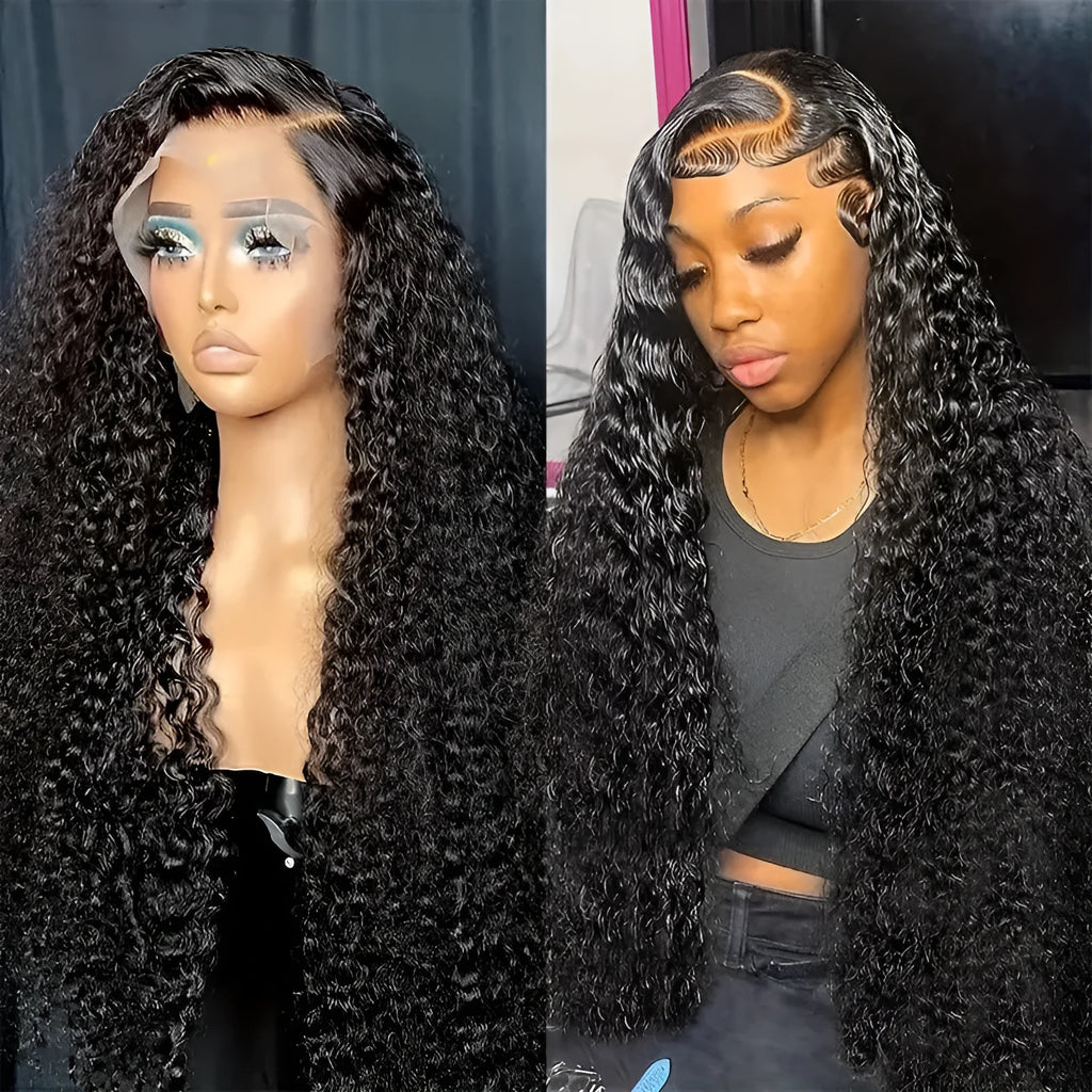 Women's black lace wig with small roll wound tube afro curly style, shown at long length.