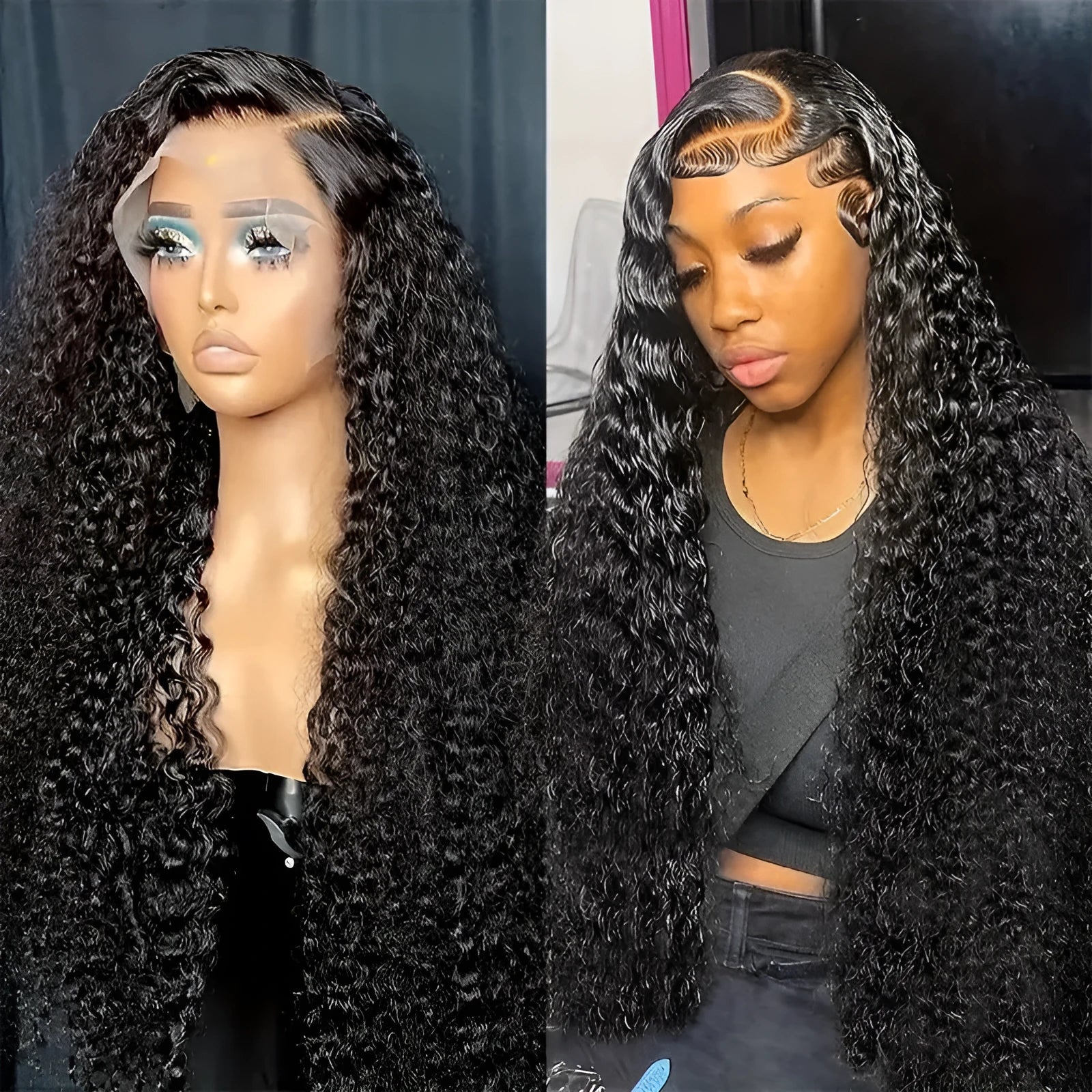 Women's black lace wig with small roll wound tube afro curly style, shown at long length.