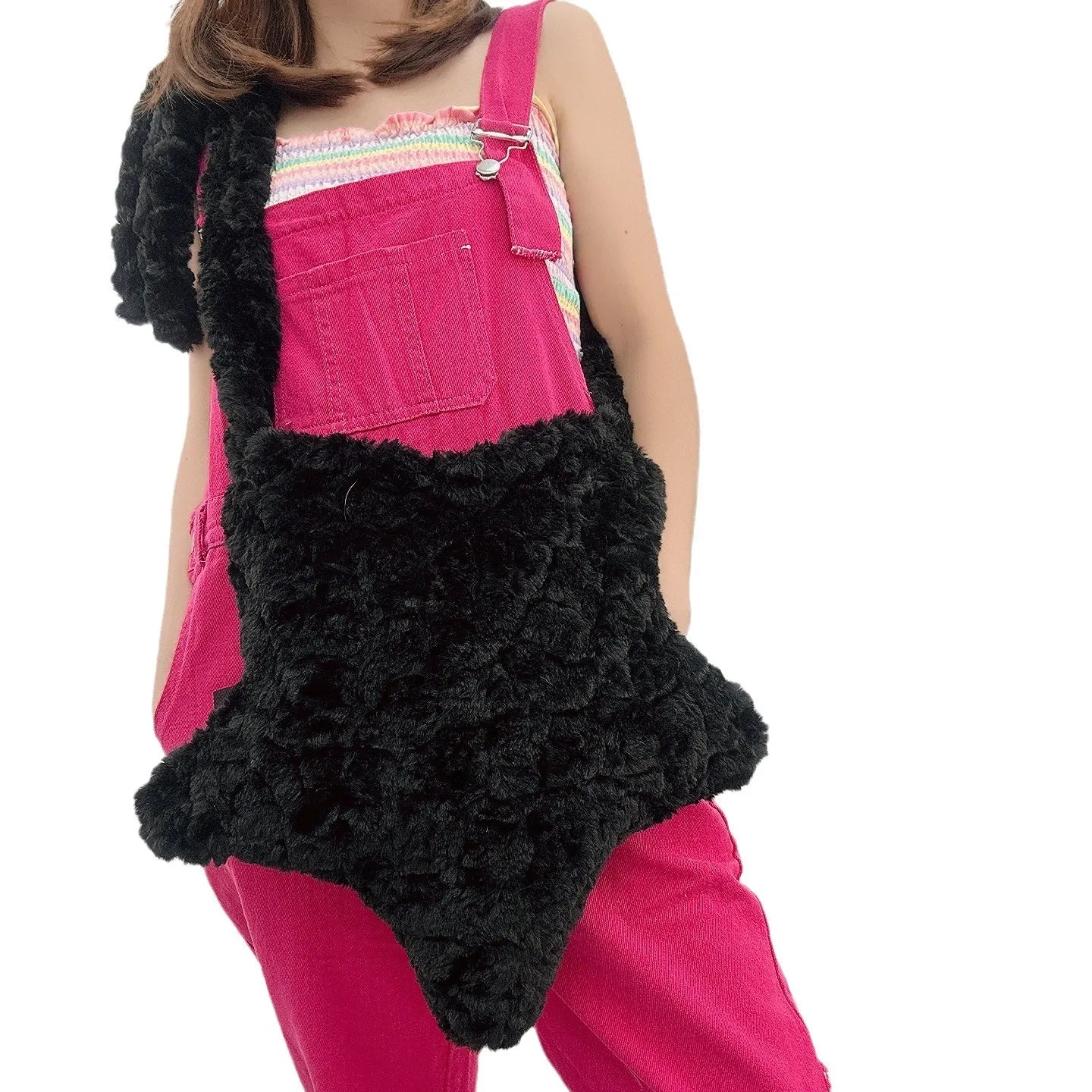 XINGX solid colour plush crossbody bag in black with soft texture and single shoulder strap