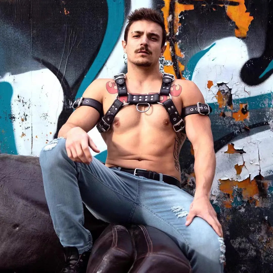 Black leather chest muscle bondage strap with metal buckle fastening system