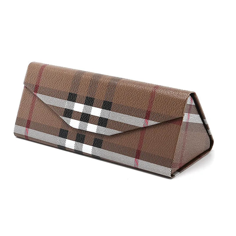 Handmade black PU cowhide triangle folding glasses case showing compact 160x66x16mm size