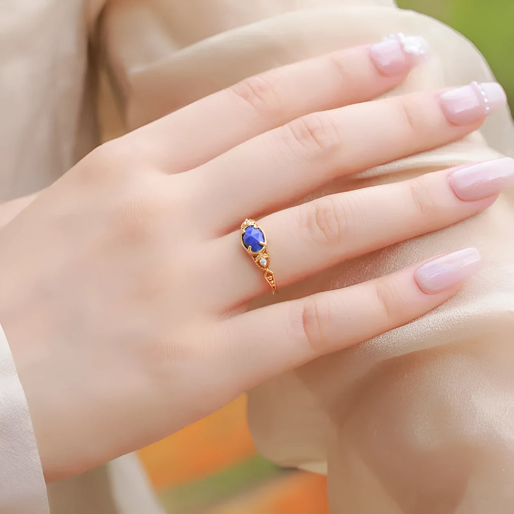 Silver alloy ellipse ring with natural lapis lazuli stone Japanese style women's jewellery