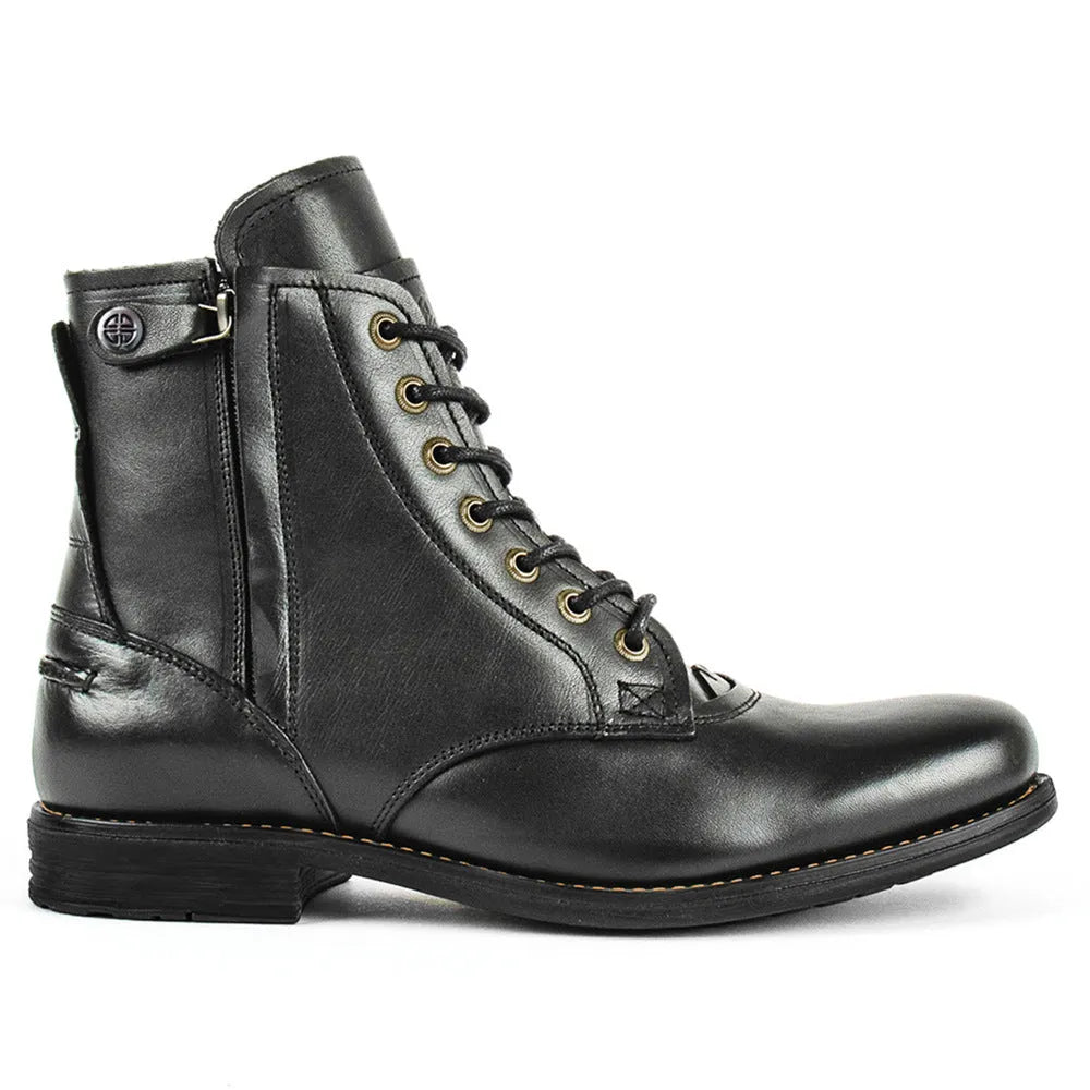 Knight Series black leather men's boots with a side zipper and low heel on a plain background.