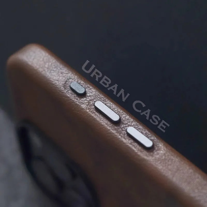 Genuine leather magnetic phone case for iPhone 12–16 series, brown colour, hard case shell