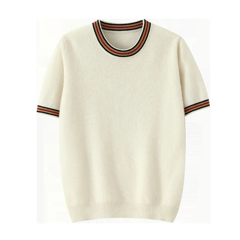 Men's grey pure wool short sleeve round neck sweater laid flat.