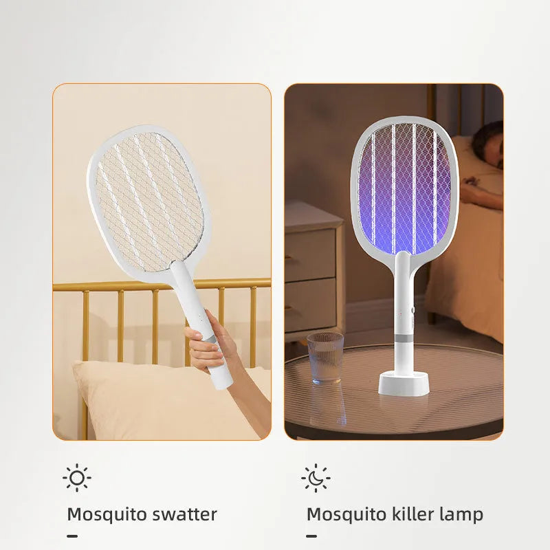 Blue and purple rechargeable electric mosquito swatter with plastic shell and metal grid.