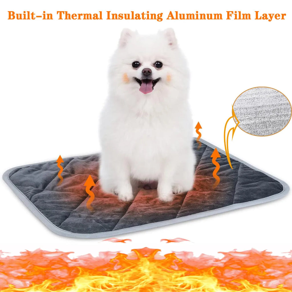 Grey cloth pet cushion shown in a home setting, available in multiple size options.