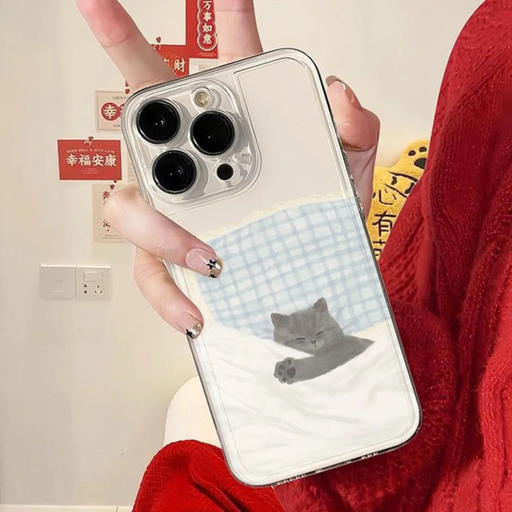 Transparent TPU phone case for Apple iPhone with a sleeping cat pattern on a clear background.