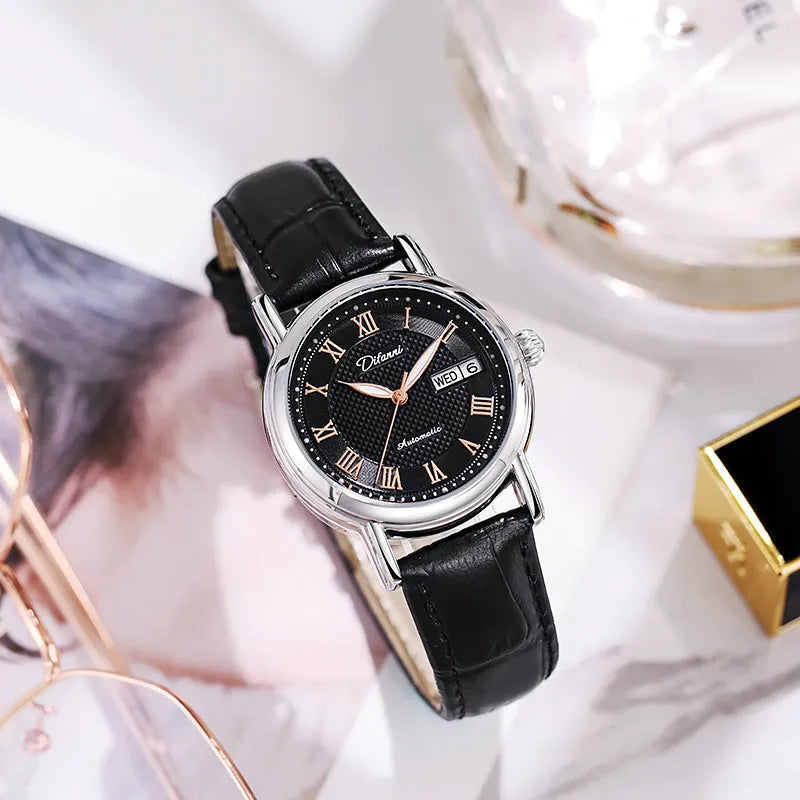 Automatic women's mechanical watch with 12mm case on steel or leather strap in various colours.