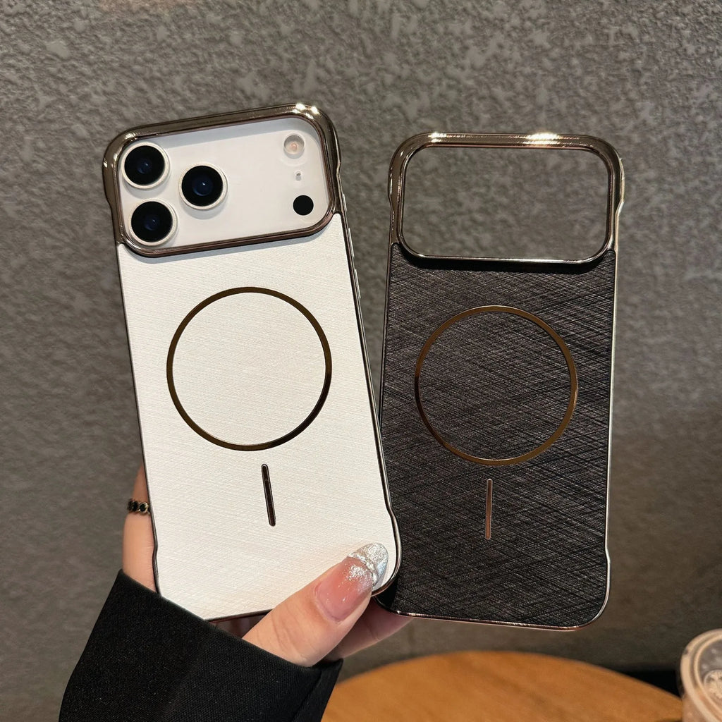 Electroplating magnetic half-pack phone case for iPhone 17 in silver grey, showing side profile.