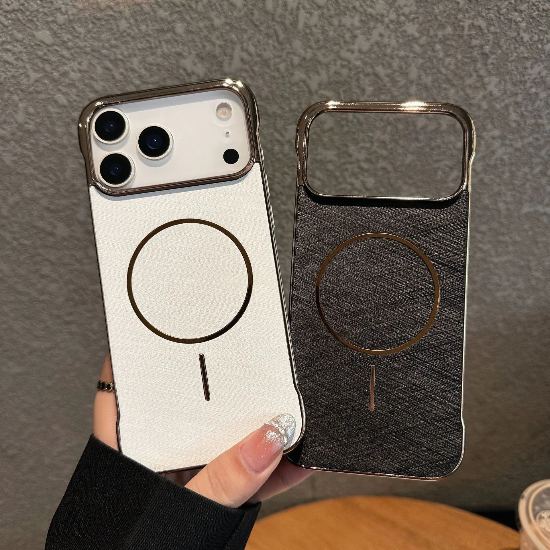 Electroplating magnetic half-pack phone case for iPhone 17 in silver grey, showing side profile.