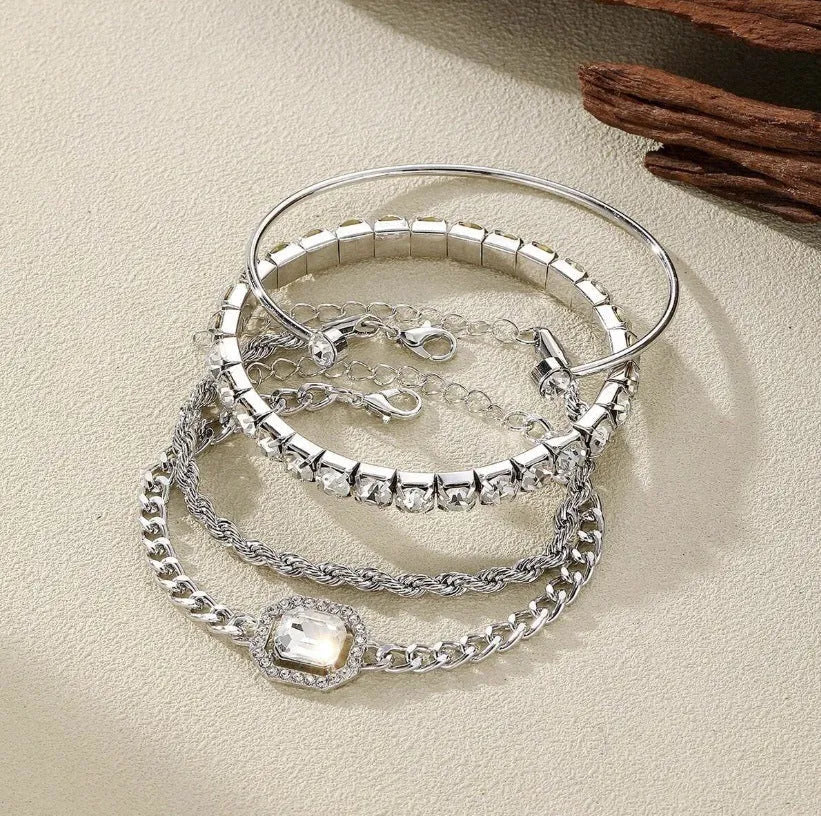 Women's retro geometric alloy bracelet four-piece set with square diamond charms in gold or silver colour