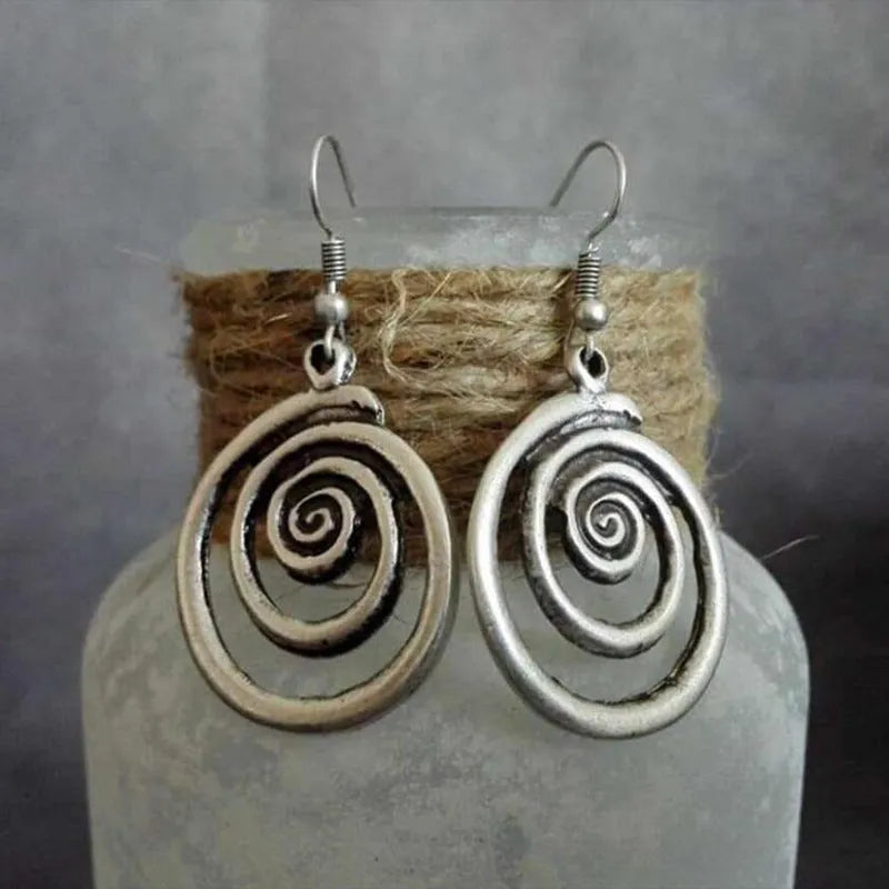 Geometric spiral distressed silver earrings with retro bohemian style