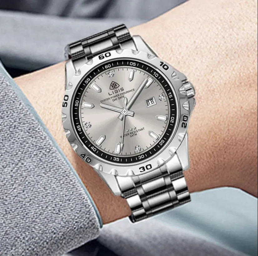 Men's silver stainless steel business watch with luminous hands and sapphire glass.
