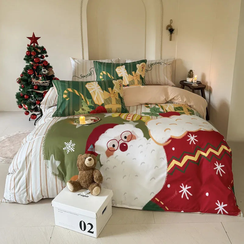 Christmas-themed cartoon printed duvet cover and pillowcase set on a bed, showing Gingerbread Man pattern.