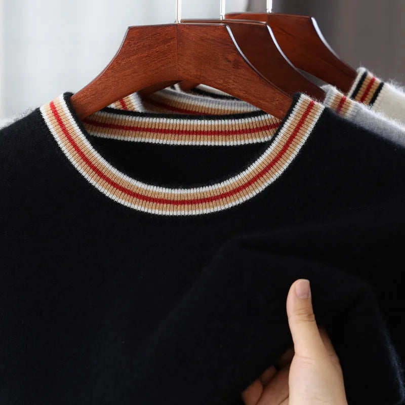 Men's grey pure wool short sleeve round neck sweater laid flat.