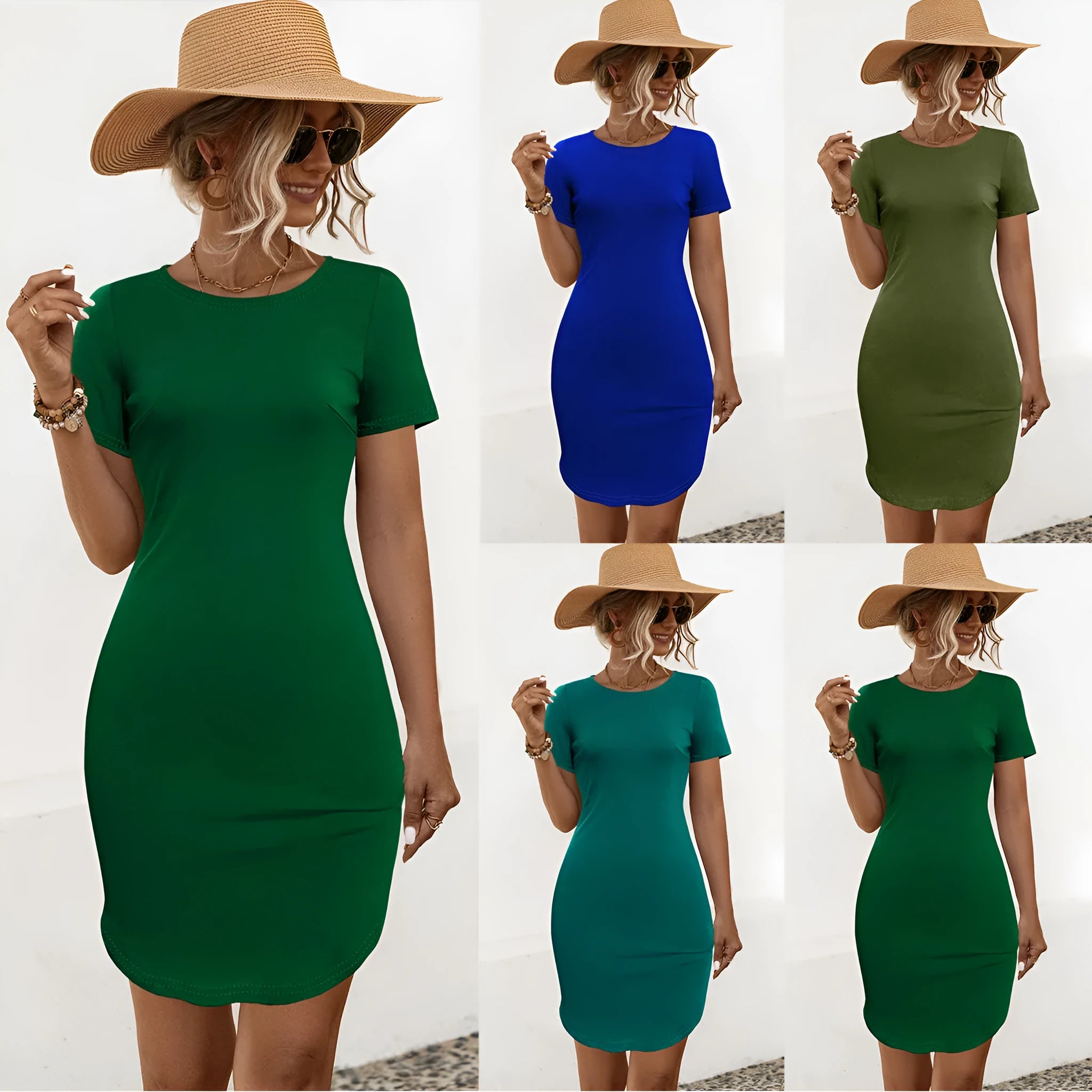 Women's slim fit short sleeve dress with U-neck and side split in Army Green colour.